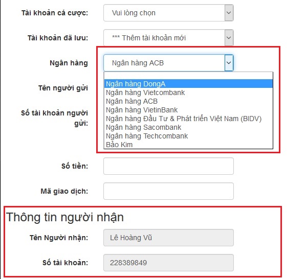 Chọn ngân hàng - sau đó sẽ có thông tin tài khoản nhận